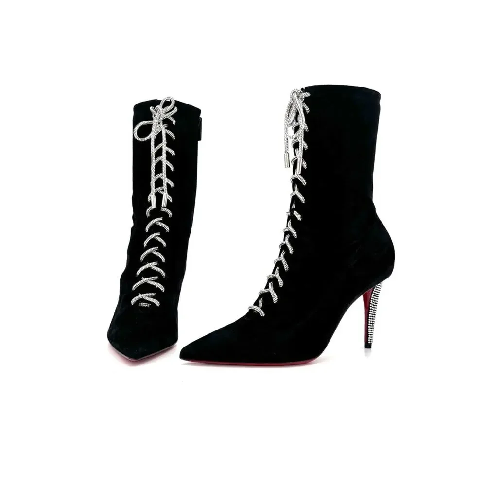 NEW Christian Louboutin Astrid Lace Strass Booty 85 Embellished Boots 37 - Picture 1 of 10